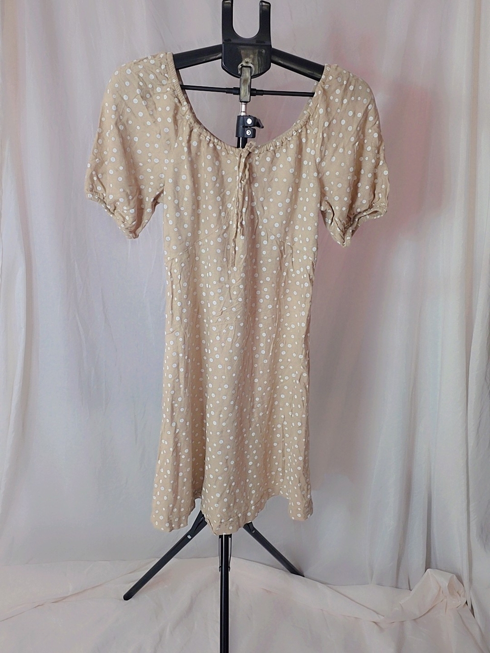 dip Beige Polka Dot Mini Dress with Tie Neck